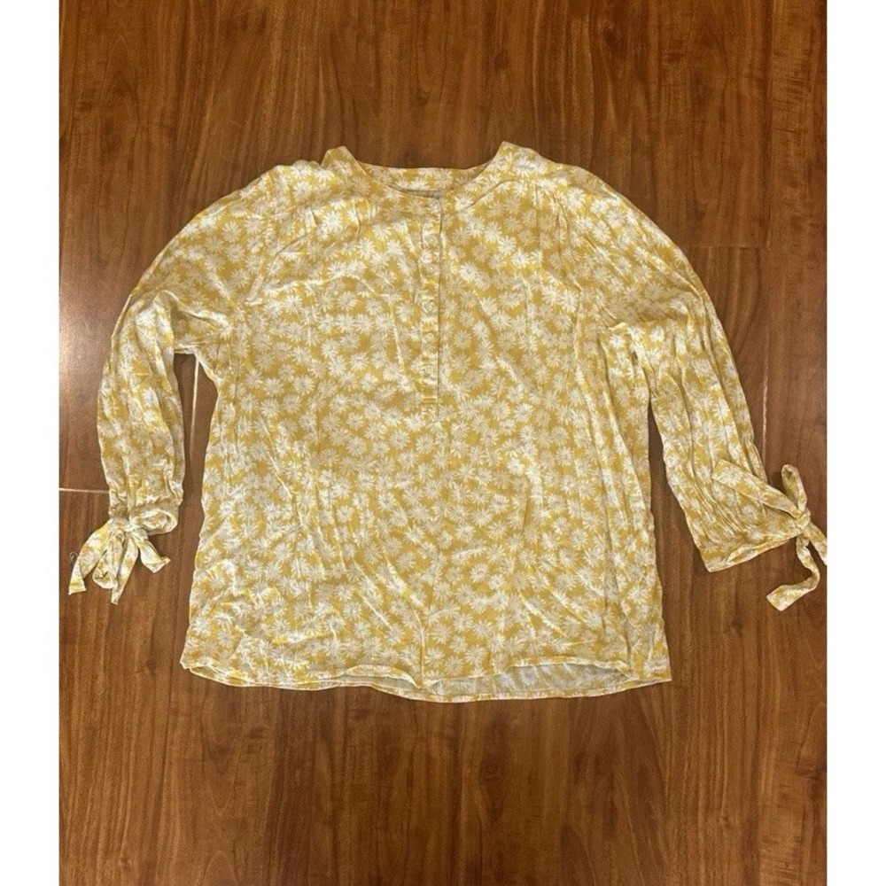 St Johns Bay Womens Popover Shirt Yellow Daisy Floral Bow 3/4 Sleeve Cottage